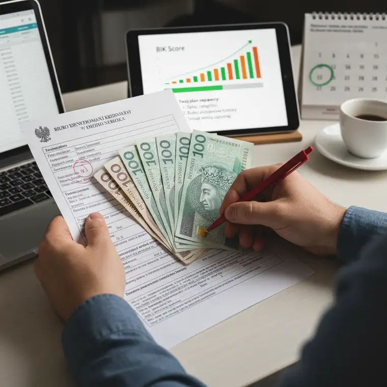 Kobieta przeglądająca swój raport BIK na ekranie tabletu, szukająca przyczyn spadku zdolności kredytowej i planująca poprawę historii kredytowej