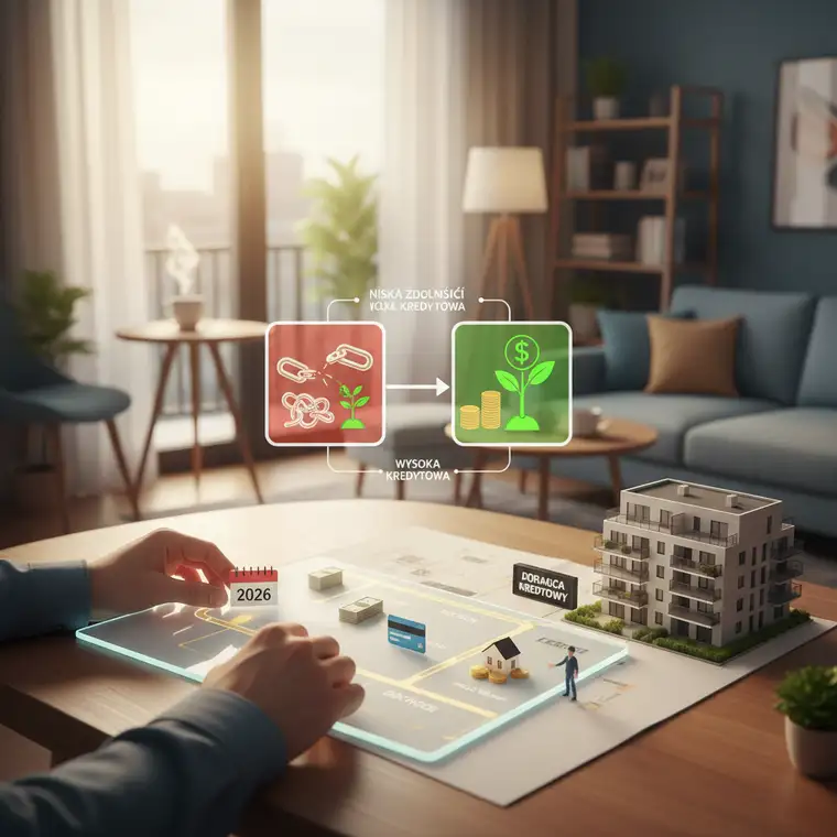 Młoda para planująca zakup mieszkania i wkład własny do kredytu hipotecznego, analizująca budżet i zdolność kredytową przed 2026 rokiem