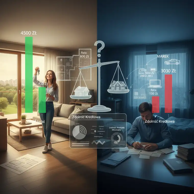 Mężczyzna porównujący zdolność kredytową z ratą innych kredytów, analizujący oferty kredytu hipotecznego na mieszkanie na ekranie laptopa