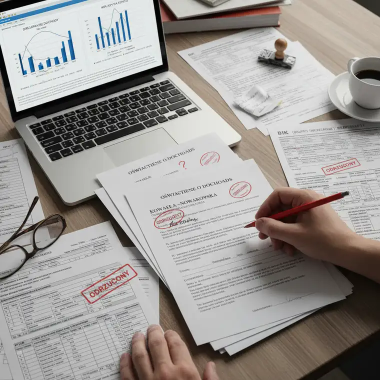 Konsultant bankowy analizuje oświadczenie o dochodach, wyciągi bankowe i raport BIK, sprawdzając błędy wpływające na zdolność kredytową klienta