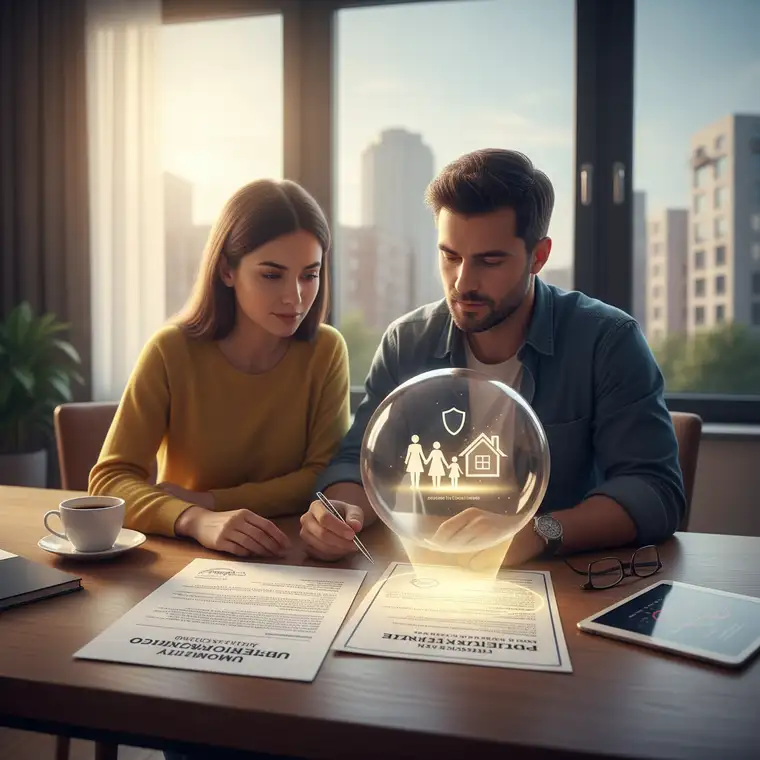 Rodzina w nowym mieszkaniu analizuje dokumenty kredytowe i warunki ubezpieczenia na życie powiązanego z kredytem hipotecznym