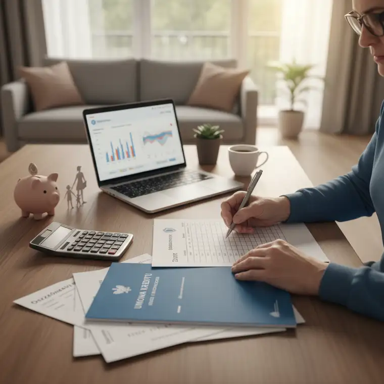 Rodzina planująca zwrot składki ubezpieczeniowej po wcześniejszej spłacie kredytu hipotecznego, omawiająca koszty i oszczędności przy stole