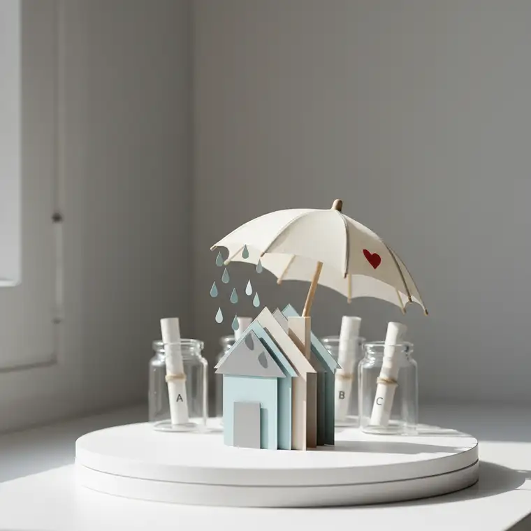 Młoda para analizuje w mieszkaniu oferty ubezpieczenia kredytu hipotecznego z trzech banków, porównując warunki, składki i zakres ochrony w arkuszu kalkulacyjnym