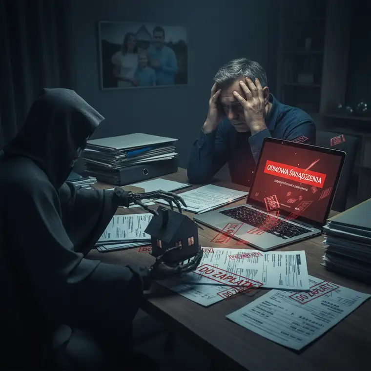 Rodzina omawiająca konsekwencje zatajenia choroby w ankiecie do ubezpieczenia kredytu i ryzyko braku spłaty zobowiązania po śmierci kredytobiorcy