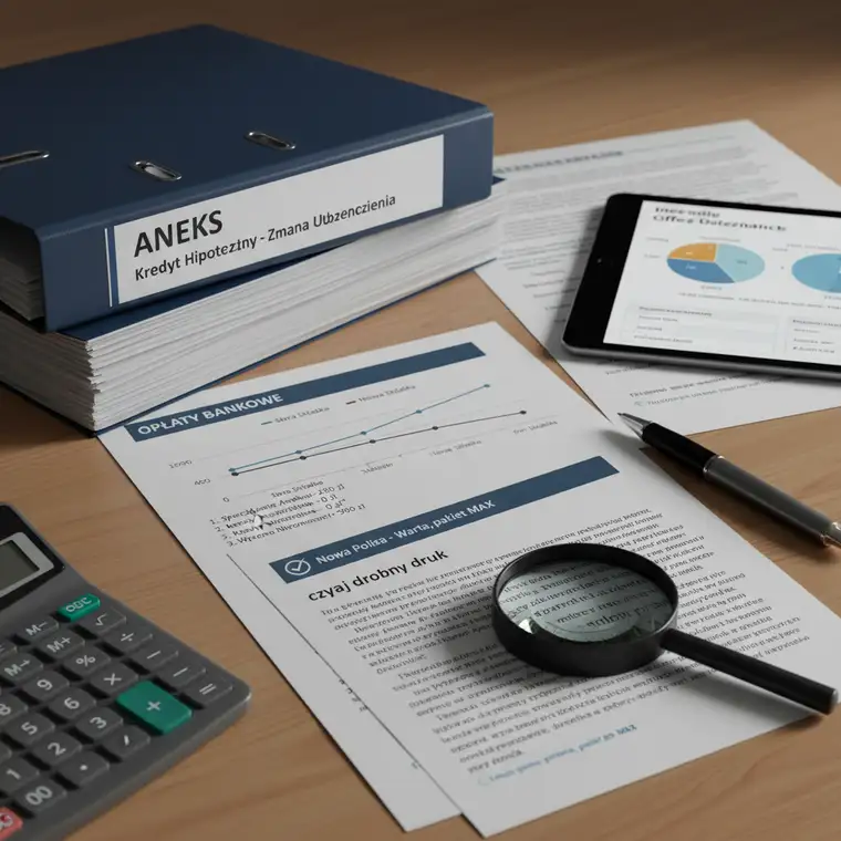 Doradca kredytowy omawia z klientem koszty aneksu do kredytu hipotecznego i zmianę polisy ubezpieczeniowej na laptopie