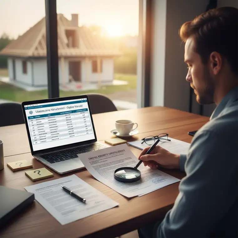 Małżeństwo analizujące koszty ubezpieczenia pomostowego i nieruchomości przy kredycie hipotecznym, porównujące warunki banku