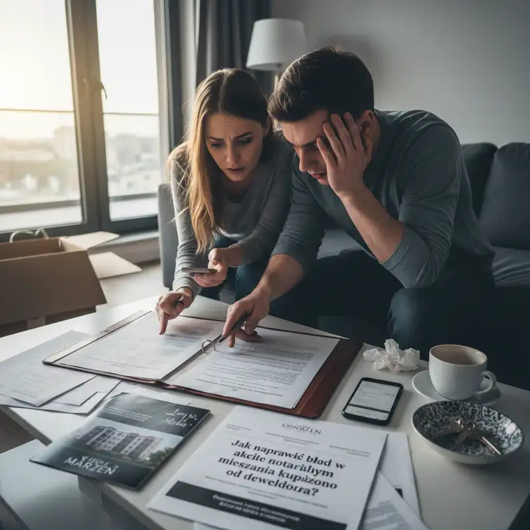 Prawnik i klient omawiają aneks do aktu notarialnego, analizując jak skorygować błąd w akcie notarialnym mieszkania kupionego od dewelopera