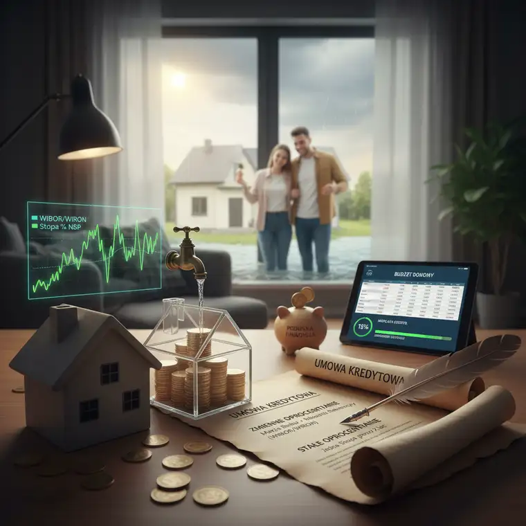 Doświadczony doradca hipoteczny omawia z klientami zalety i ryzyka kredytu ze zmiennym oprocentowaniem na tle wykresu stóp procentowych