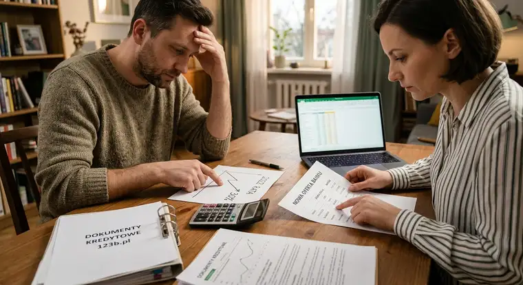 Rodzina planująca refinansowanie kredytu hipotecznego z doradcą, omawiająca ratę wyższą o 30 procent i możliwe rozwiązania