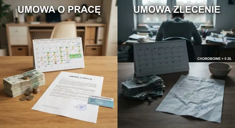 Obliczanie strat na umowie zlecenie - urlop, chorobowe i niższa emerytura to główne różnice względem etatu