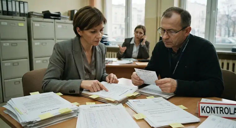 Pracownik rozmawia z pracodawcą w biurze; na stole leżą dokumenty, a scenka ilustruje, jak sąd bada, czy umowa zlecenie ma znamiona umowy o pracę