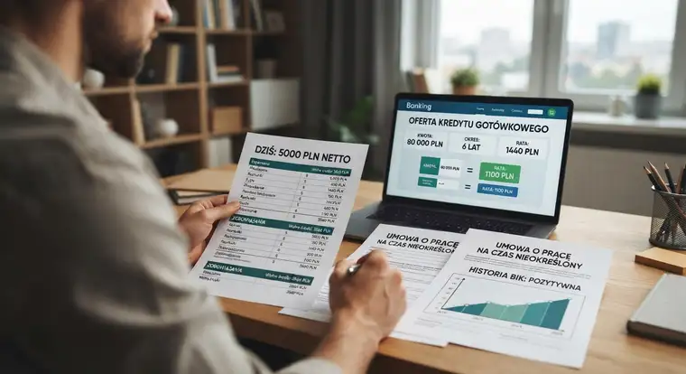 Porównanie ofert kredytu gotówkowego przy zarobkach 5000 zł netto. Bank sprawdza historię BIK, raty i RRSO przed przyznaniem finansowania